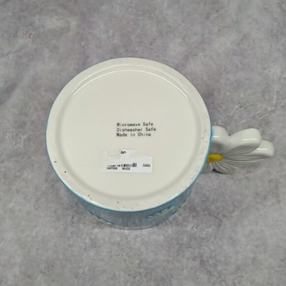 Bee Daisy Flower Mug Blue Yellow Ceramic Cup 3D Handle Springe Coffee Tea - Picture 5 of 5